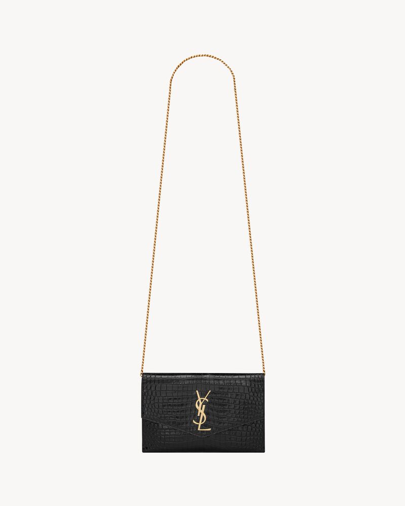 Uptown chain wallet in shiny crocodile-embossed leather