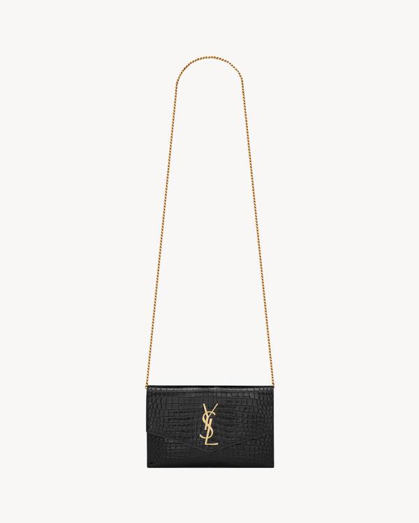 Uptown chain wallet in shiny crocodile-embossed leather