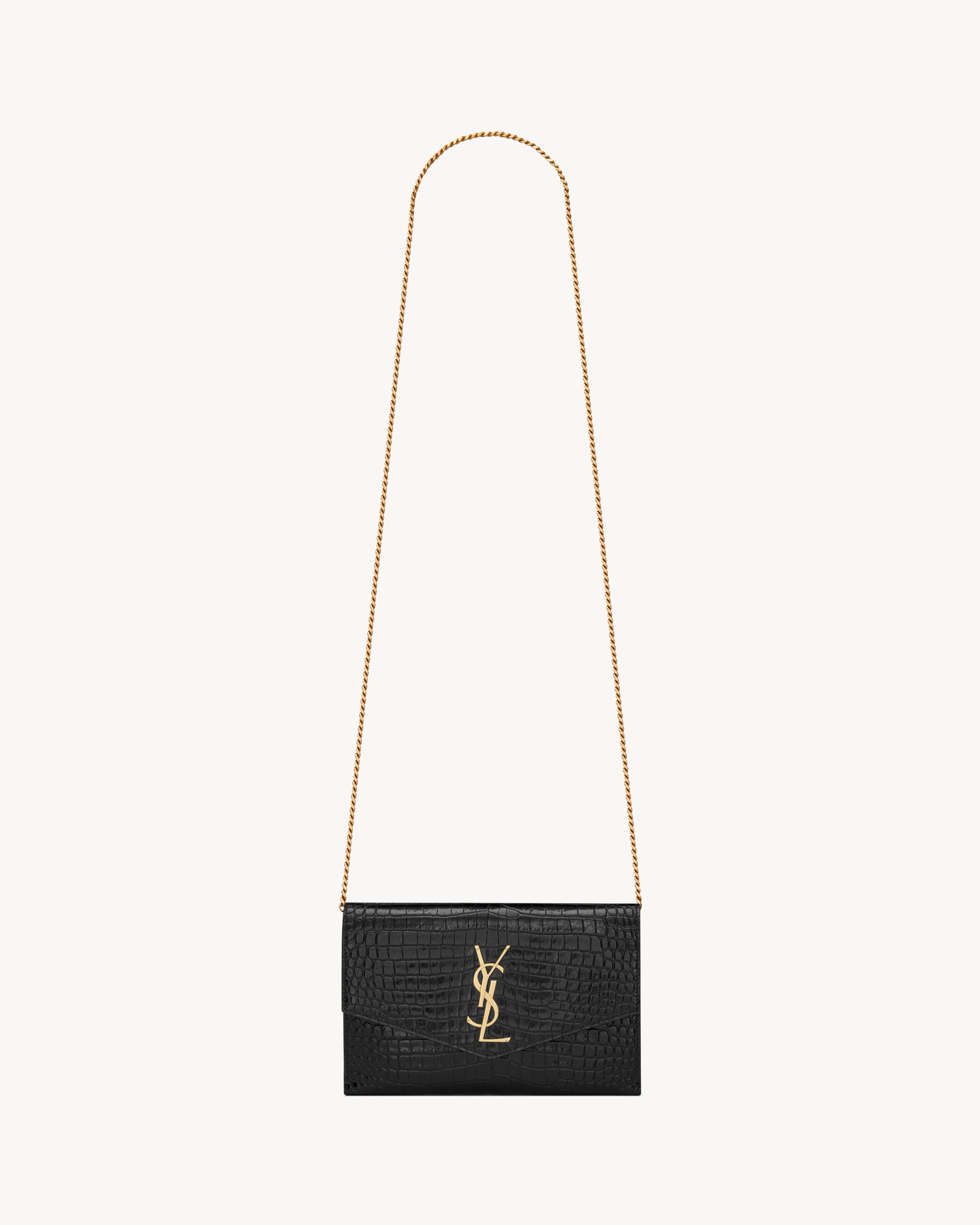 Uptown chain wallet in shiny crocodile-embossed leather