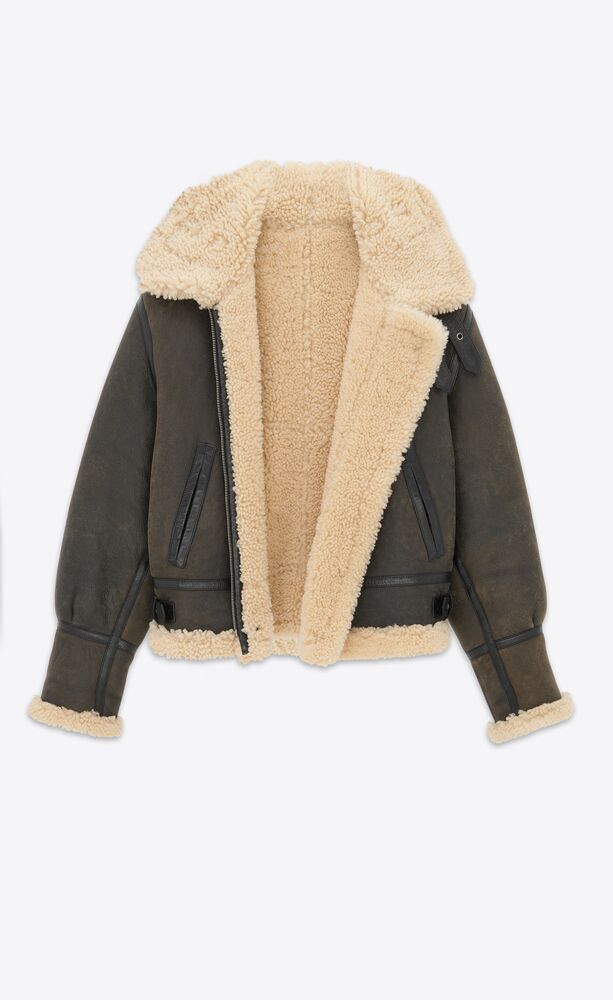 Aviator jacket in aged leather and shearling