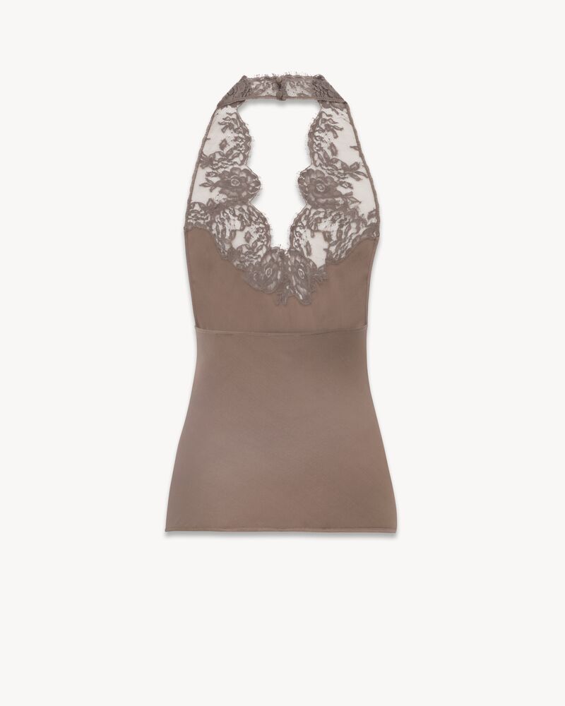 halter top in silk charmeuse and lace