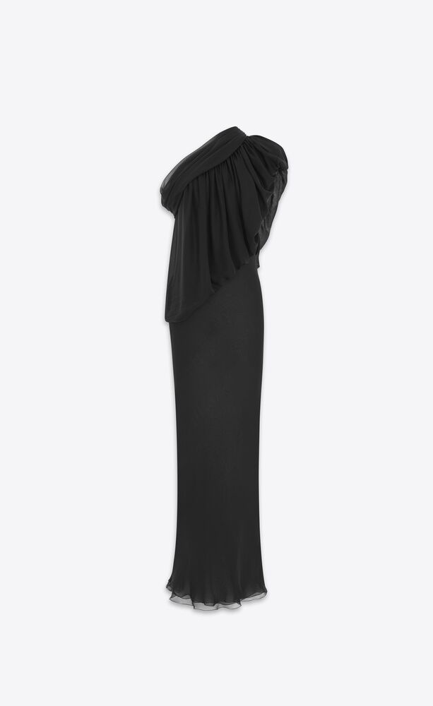 실크 모슬린 소재의 드레이프 원 숄더 드레스