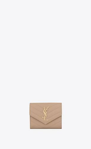 Saint Laurent Cassandre Matelasse Compact Tri Fold Wallet in Grain