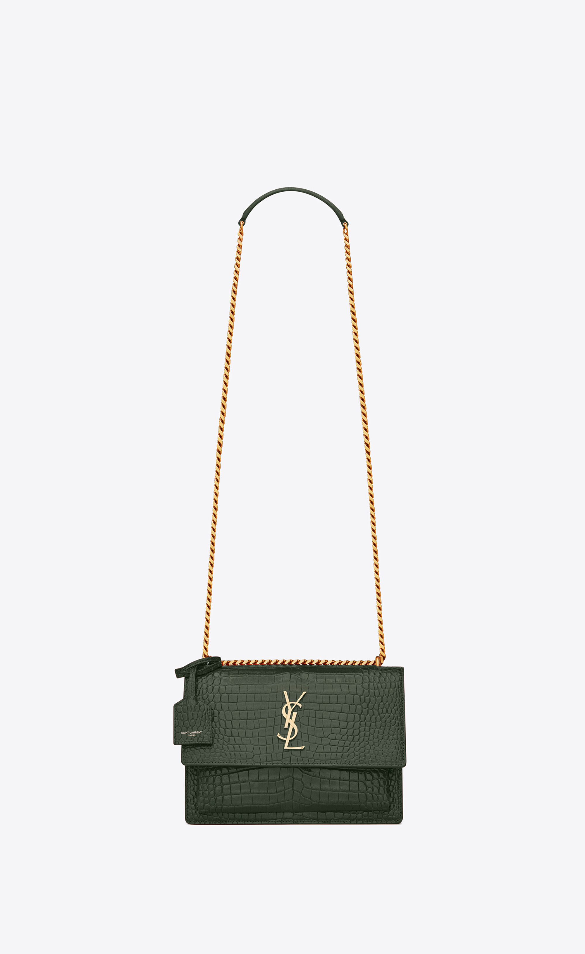 Sunset Medium Chain Bag In Crocodile-Embossed Shiny Leather Blanc