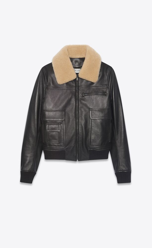 aviator bomber jacket in grained sheepskin with shearling collar