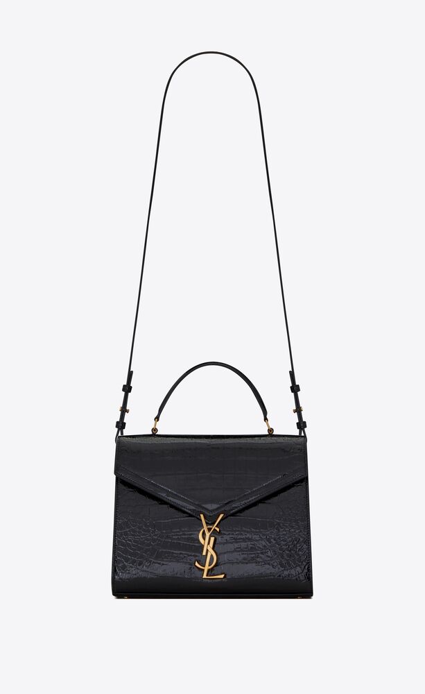 CASSANDRA Medium top handle bag in crocodileembossed patent leather