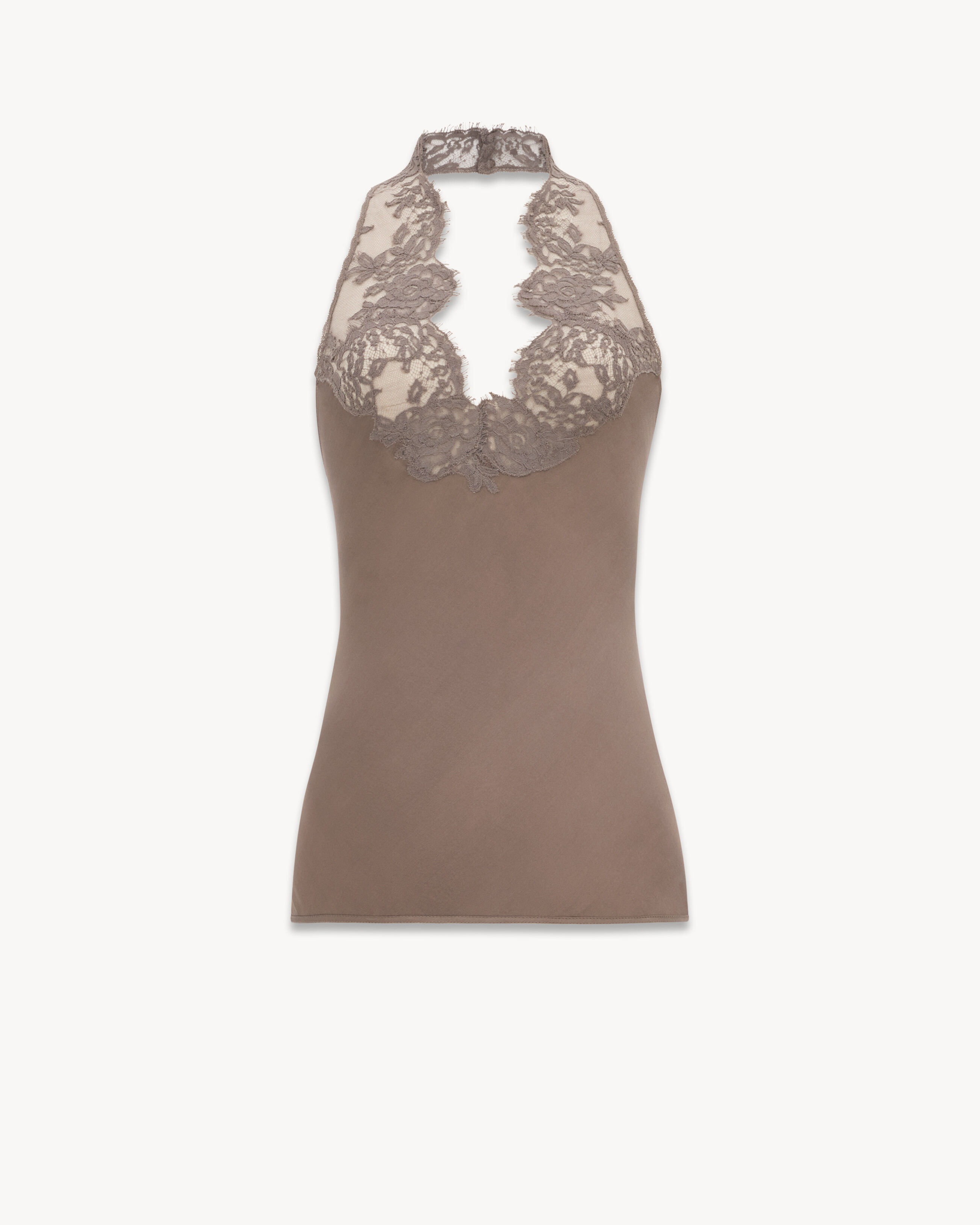 halter top in silk charmeuse and lace