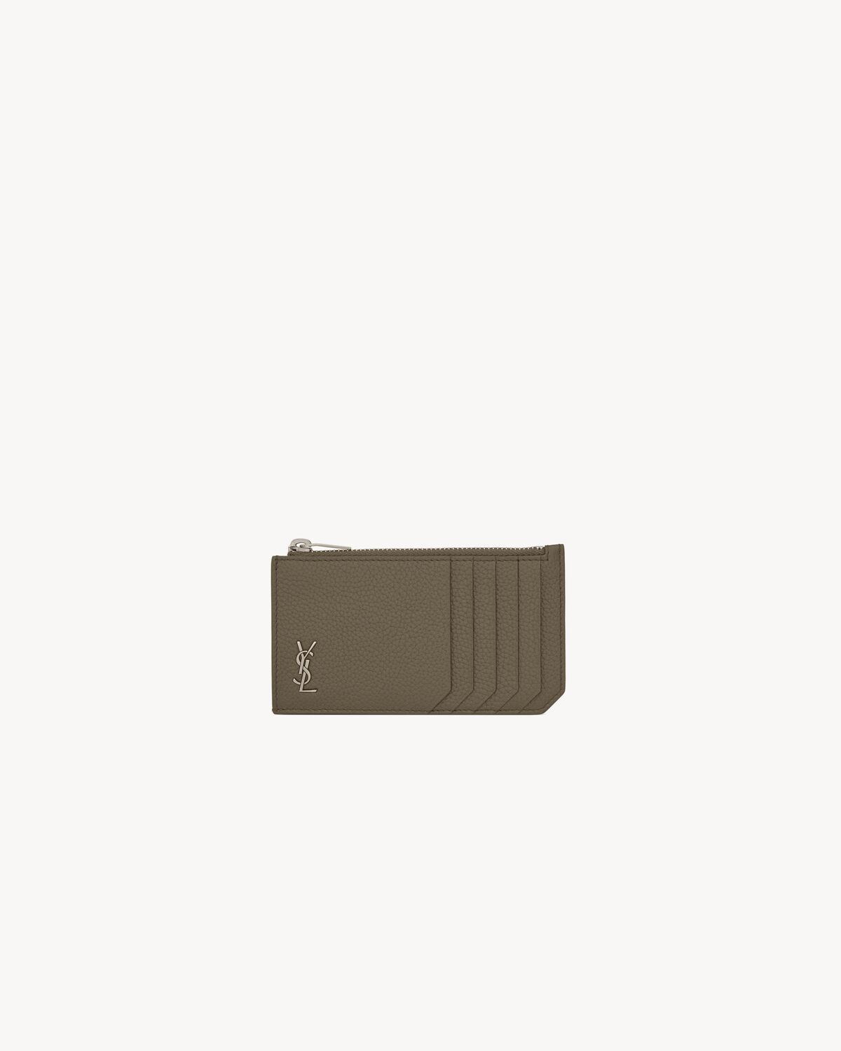 Saint Laurent Tiny Cassandre Fragments Zipped Card Case in Grained Leather Green Men