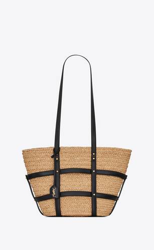 panier medium bag in natural raffia and smooth leather