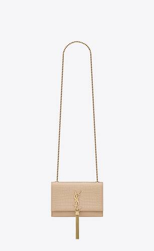 Saint Laurent Kate Small Chain Bag With Tassel In Embossed Beige