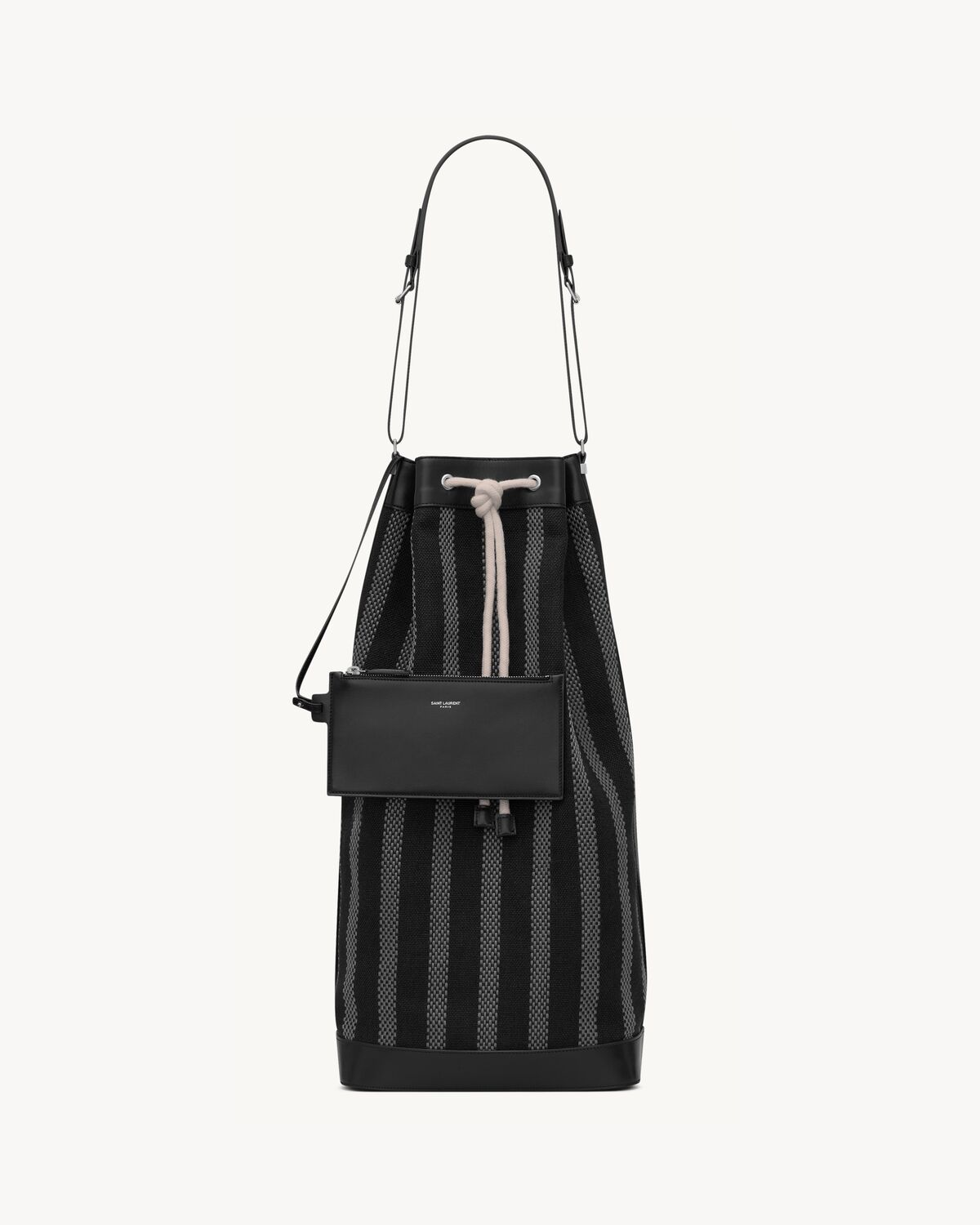 borsa a secchiello lunga in tela e pelle morbida