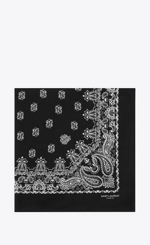 bandana square scarf in black and white paisley printed cotton