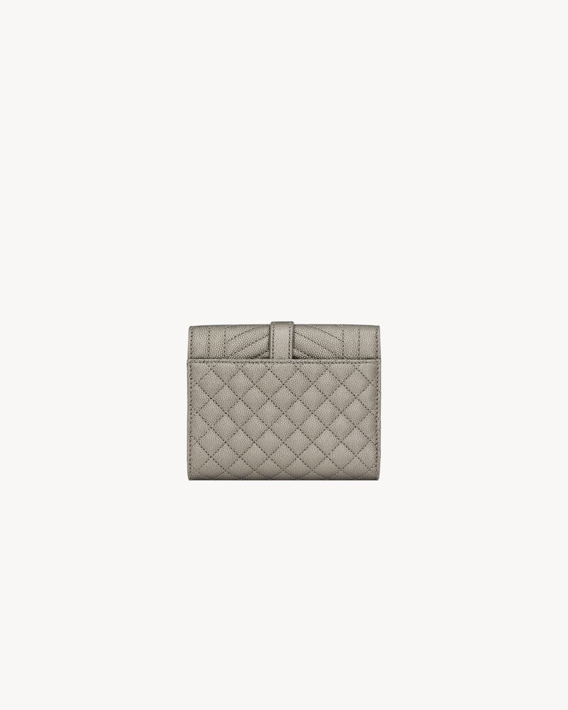 envelope compact trifold wallet in mix matelassé metallic grain de poudre embossed leather