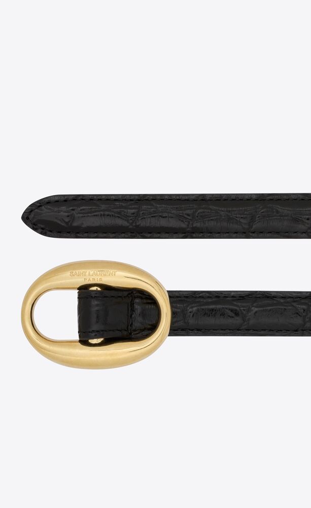 Oval buckle thin belt in crocodile-embossed leather | Saint Laurent ...