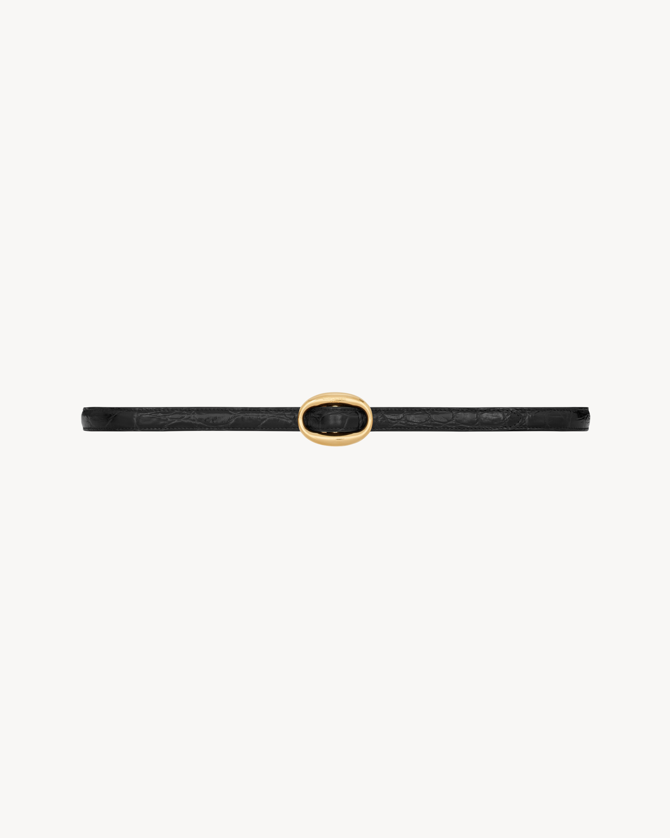 oval buckle thin belt in crocodile-embossed leather