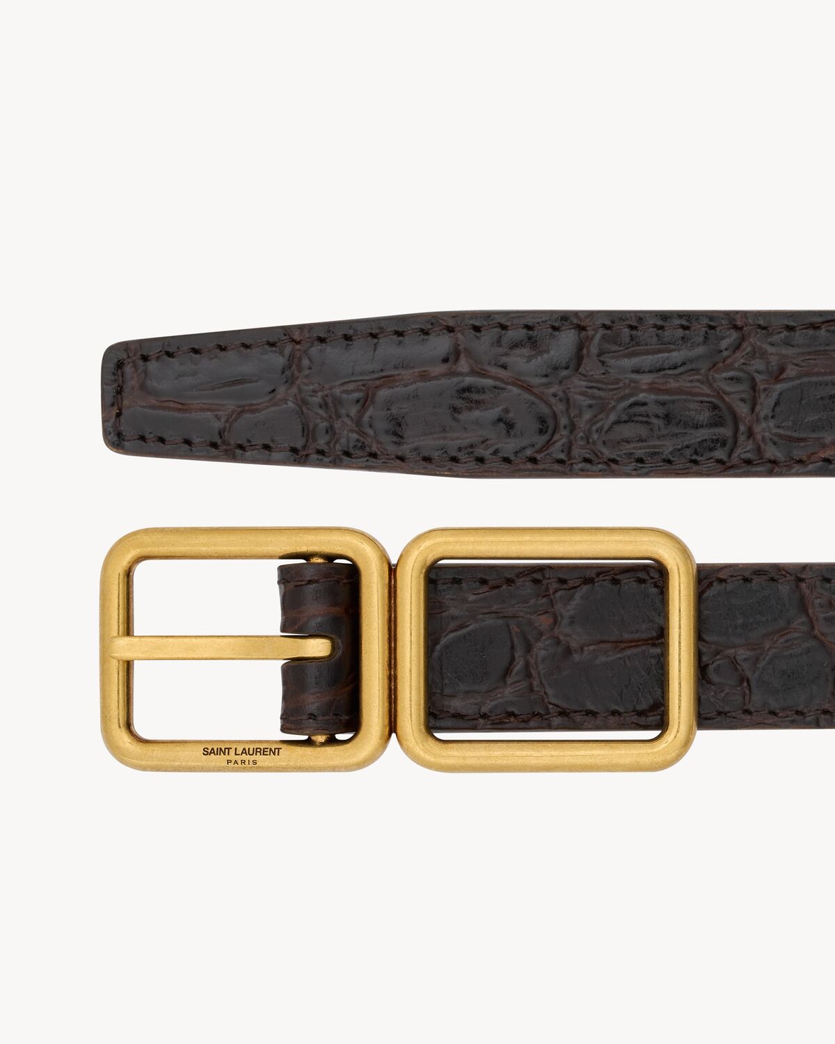 double-buckle thin belt in crocodile-embossed leather
