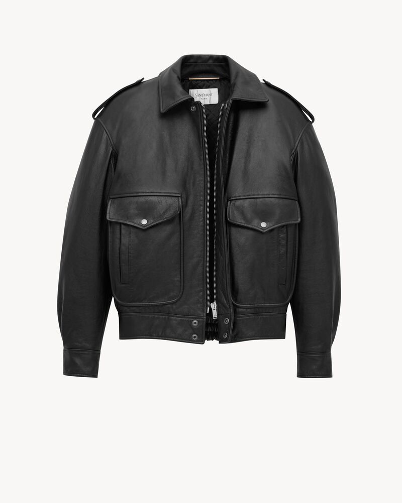 Blouson oversize en cuir d’agneau plongé brillant