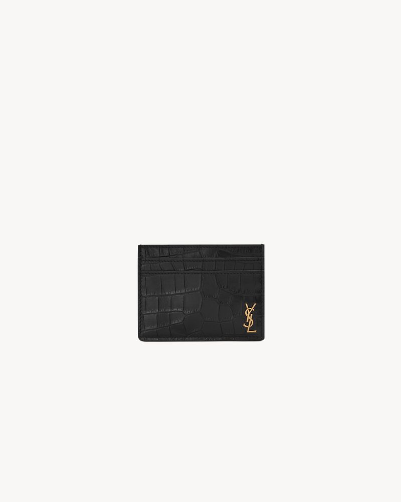 Saint Laurent Tiny Cassandre Croc Embossed Card Case In Black