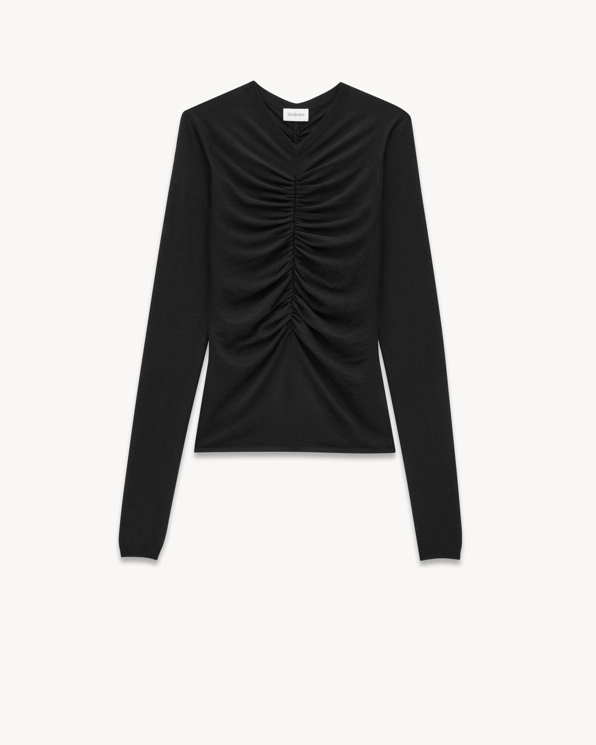 ruched sweater in cashmere, wool, and silk