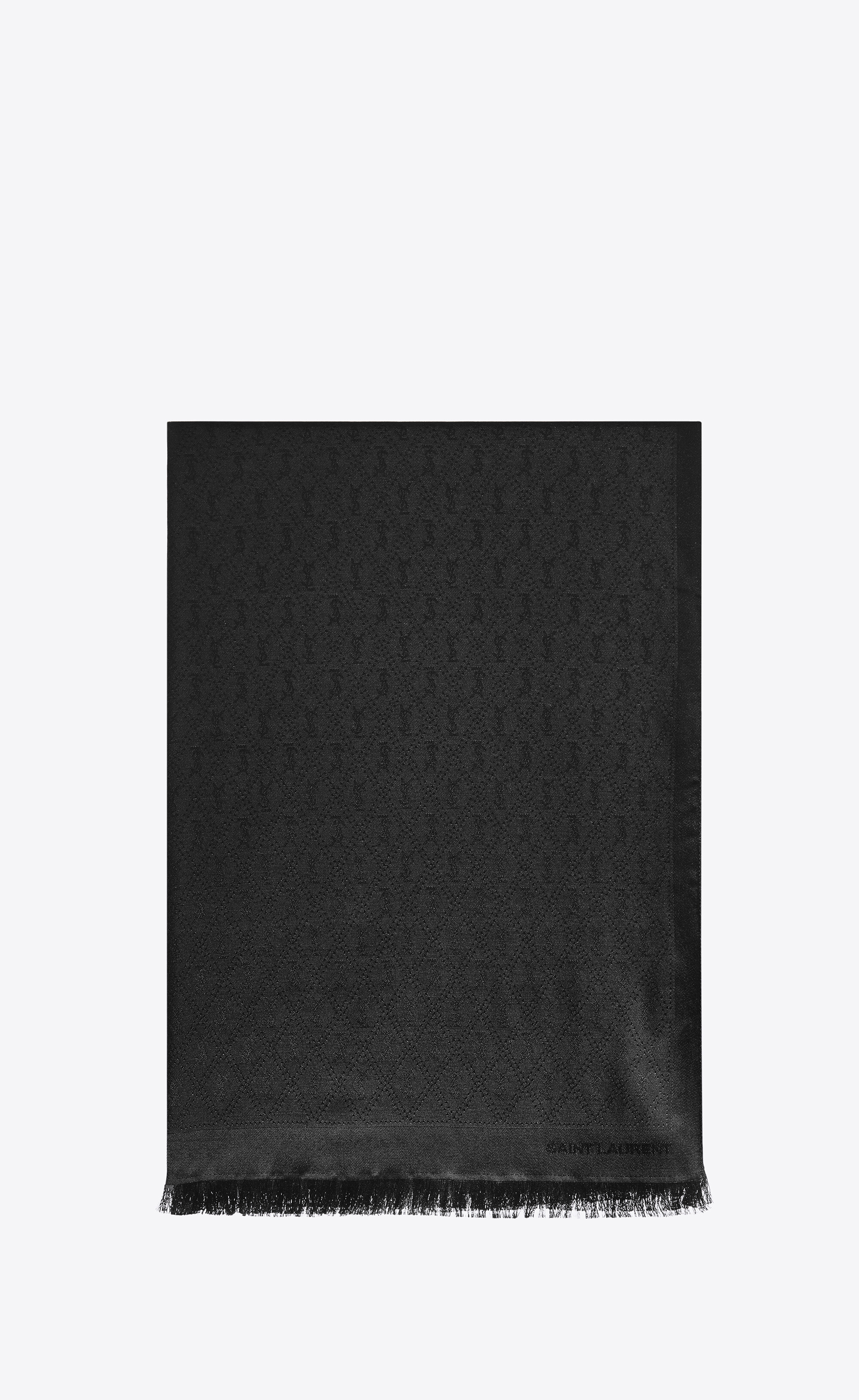 signature saint laurent fringed scarf in silk and wool jacquard