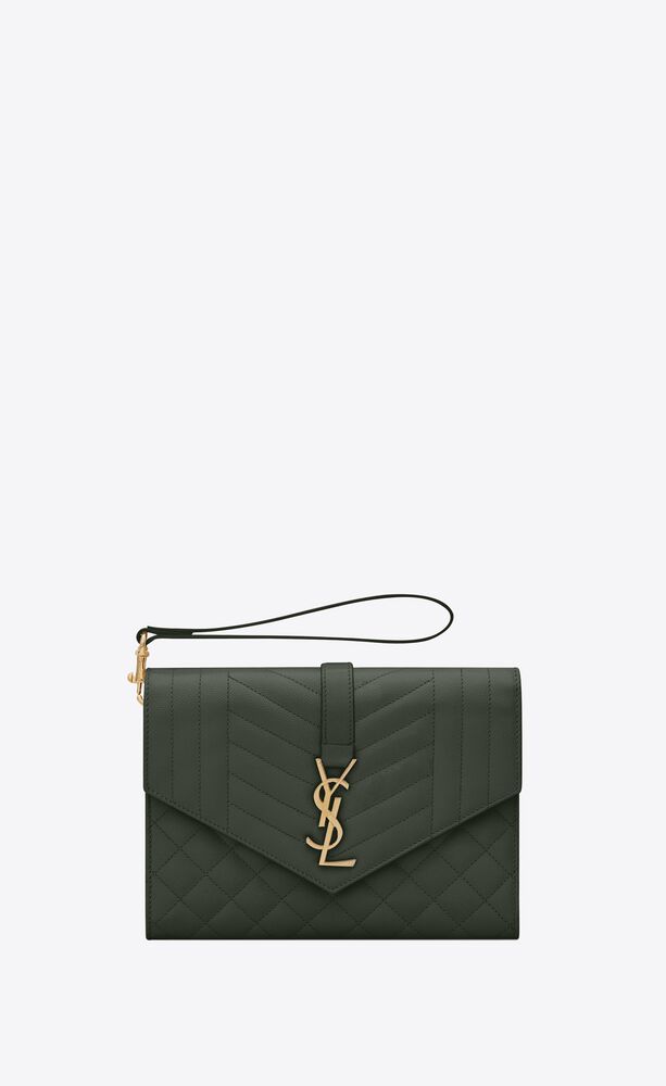 YVES SAINT LAURENT Small Envelope Matelassé Leather Shoulder Bag Green