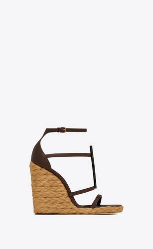 cassandra wedge espadrilles in smooth leather with brown monogram