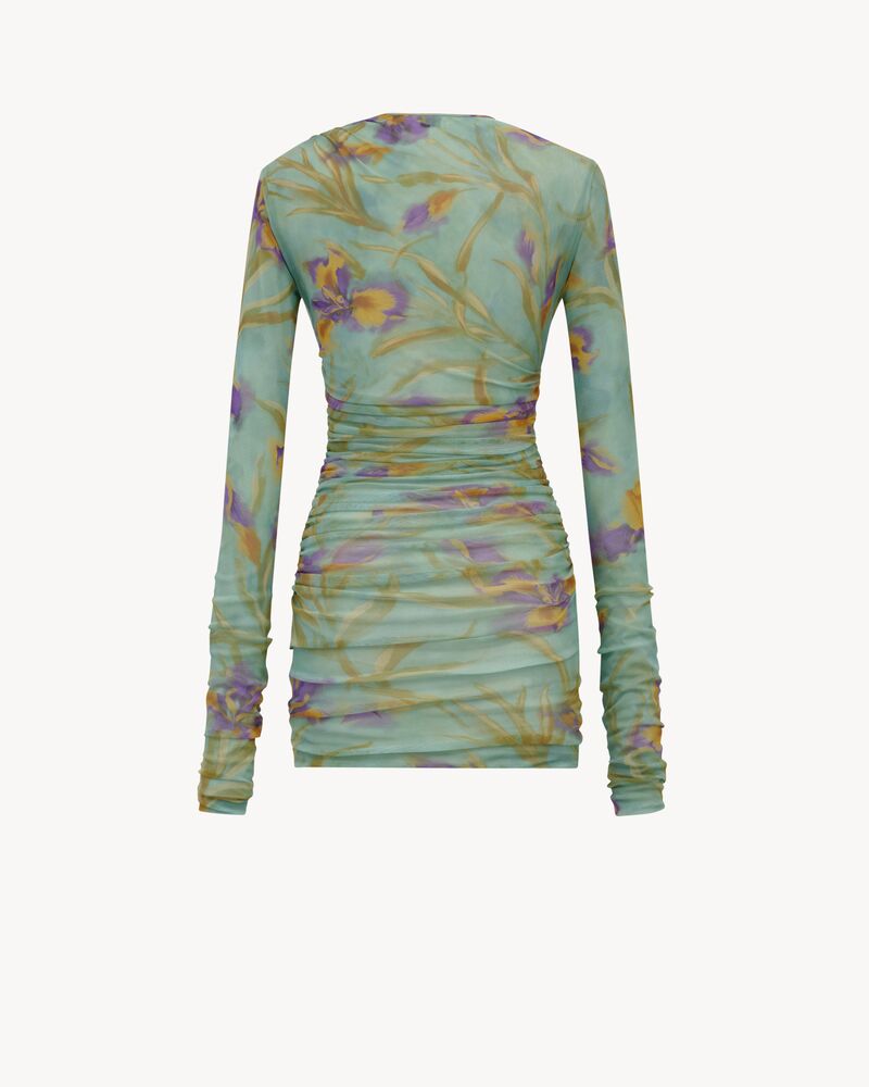 ruched mini dress in floral tulle jersey