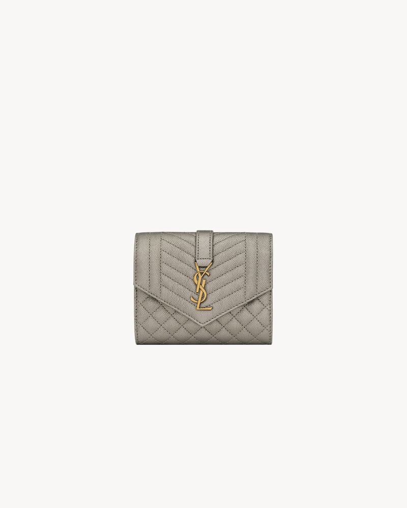 Saint Laurent White Grained Leather Chevron Zip Around Compact