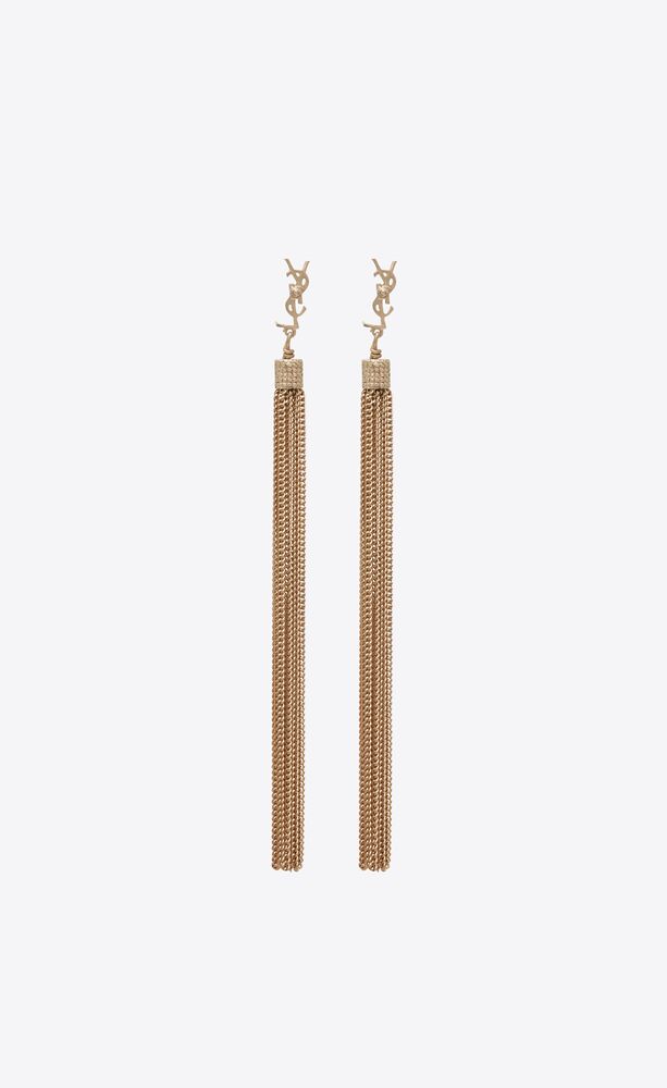 Loulou earrings with chain tassels in light gold-colored brass, Saint  Laurent