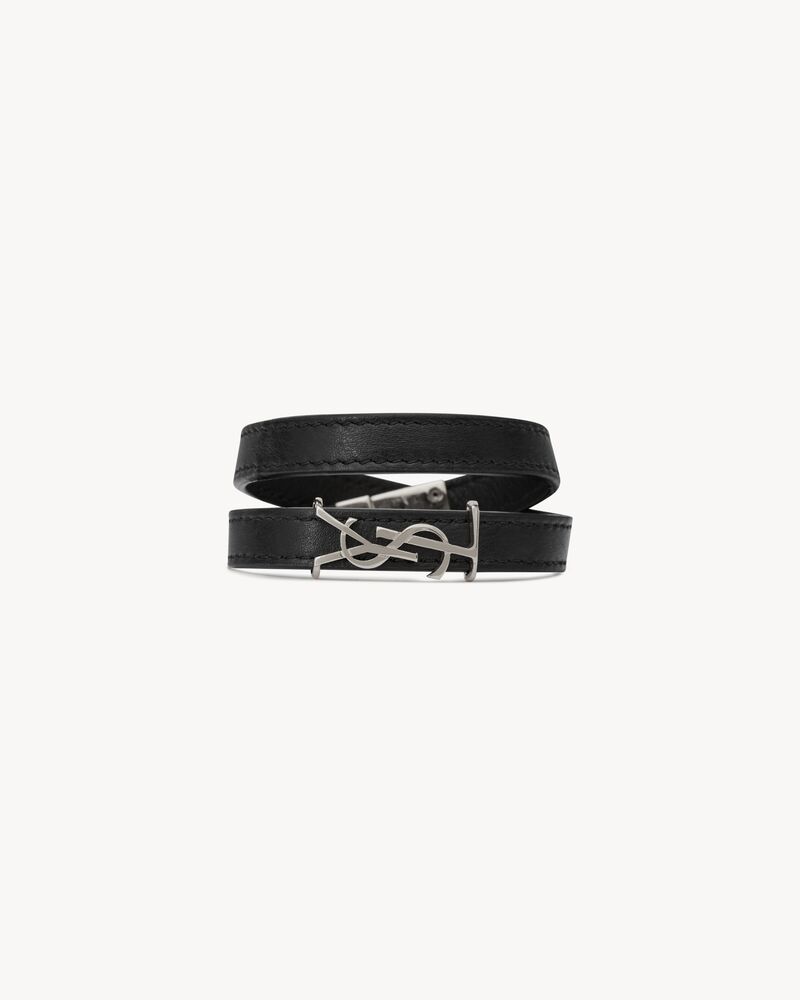 Opyum Double Wrap Bracelet In Leather And Silver Toned Metal Opyum Double Wrap Bracelet In Leather And Silver Toned Metal