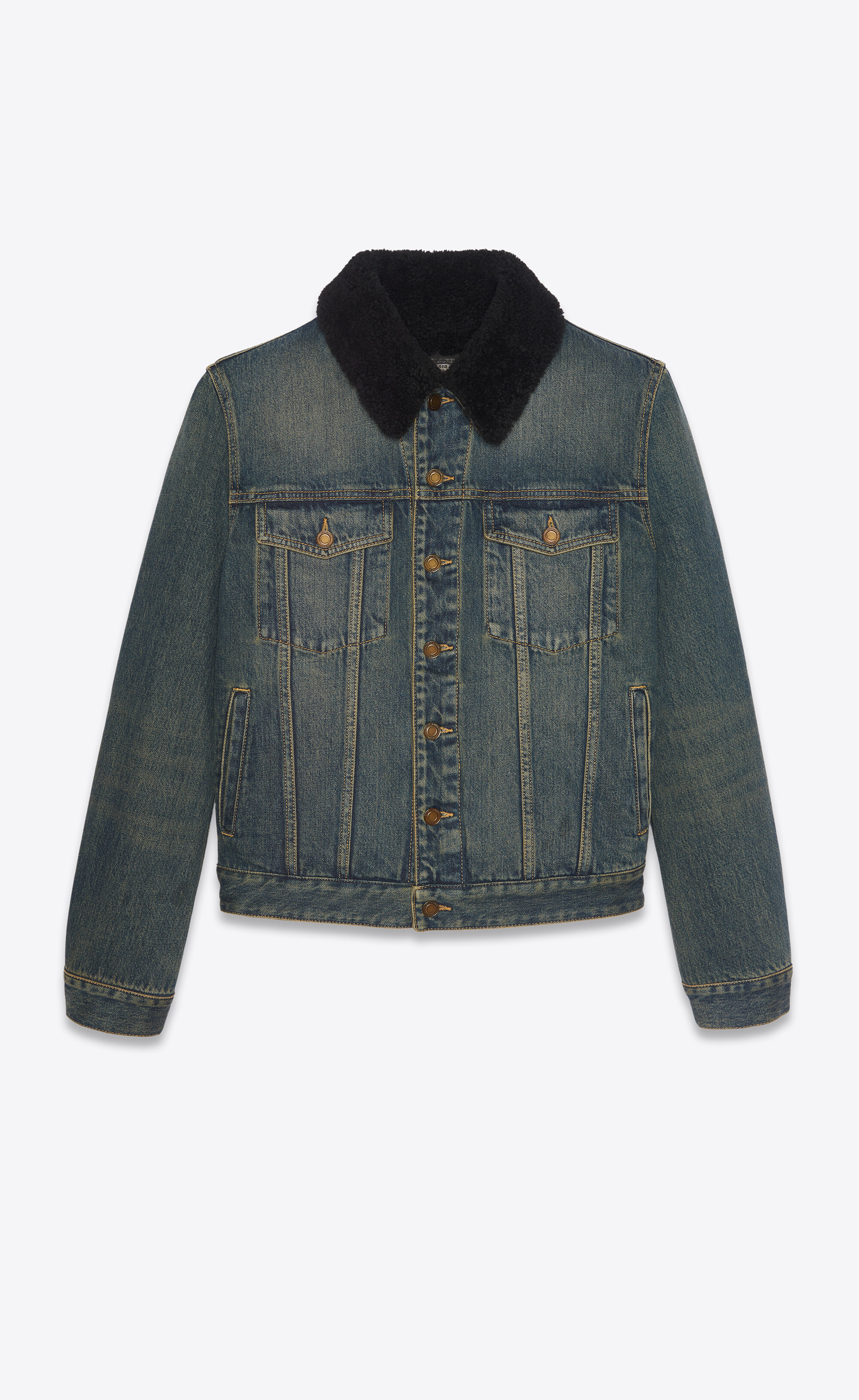 Jacket with shearling in dark dirty vintage blue denim | Saint