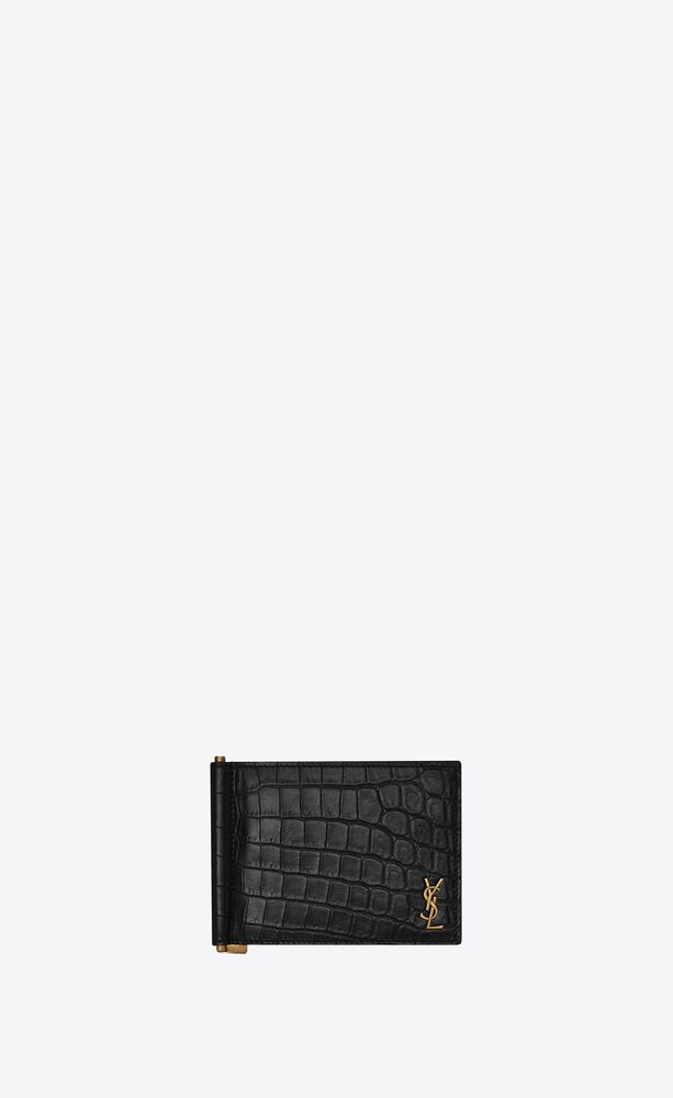 tiny cassandre portefeuille avec pince à billets en cuir mat embossé crocodile