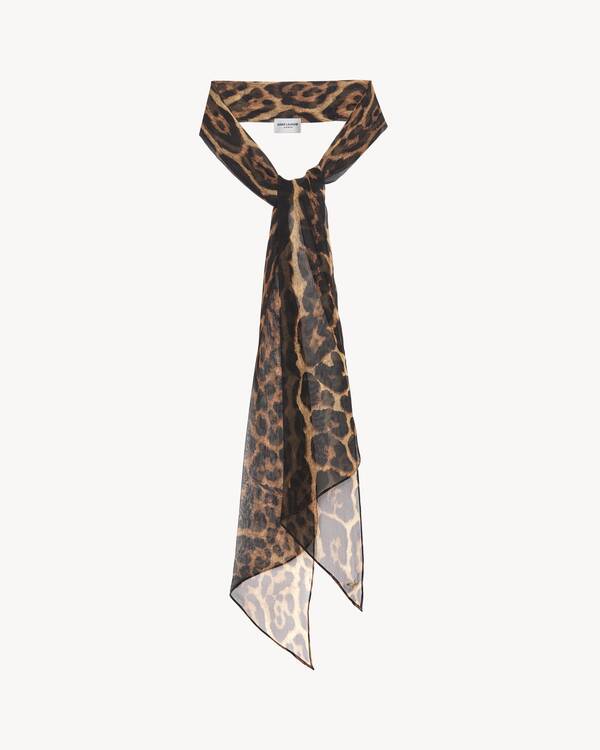 シルクモスリン豹柄ラヴァリエスカーフ ベージュ | Saint Laurent
