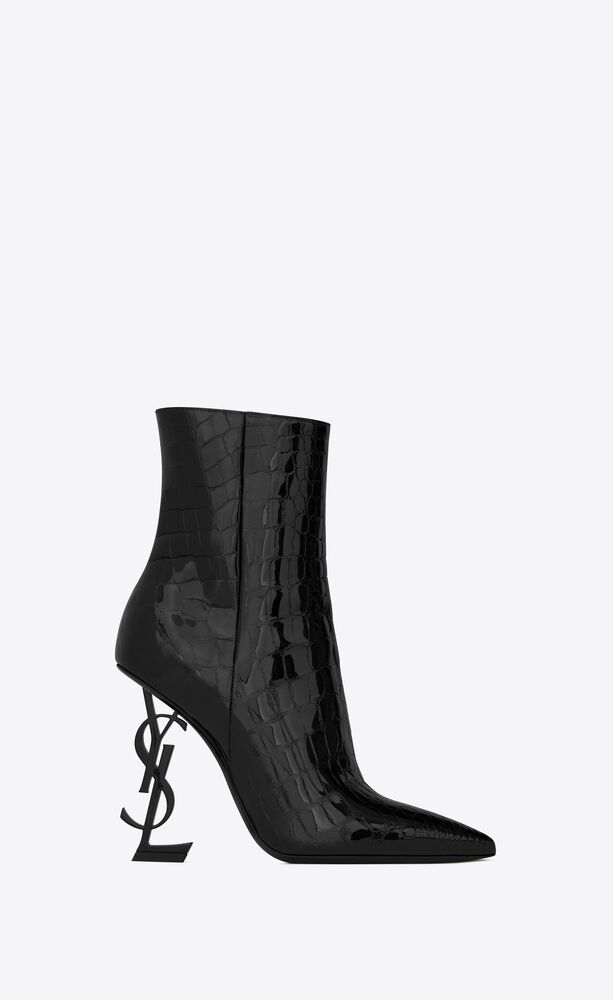 opyum booties in alligator-embossed patent leather with black heel