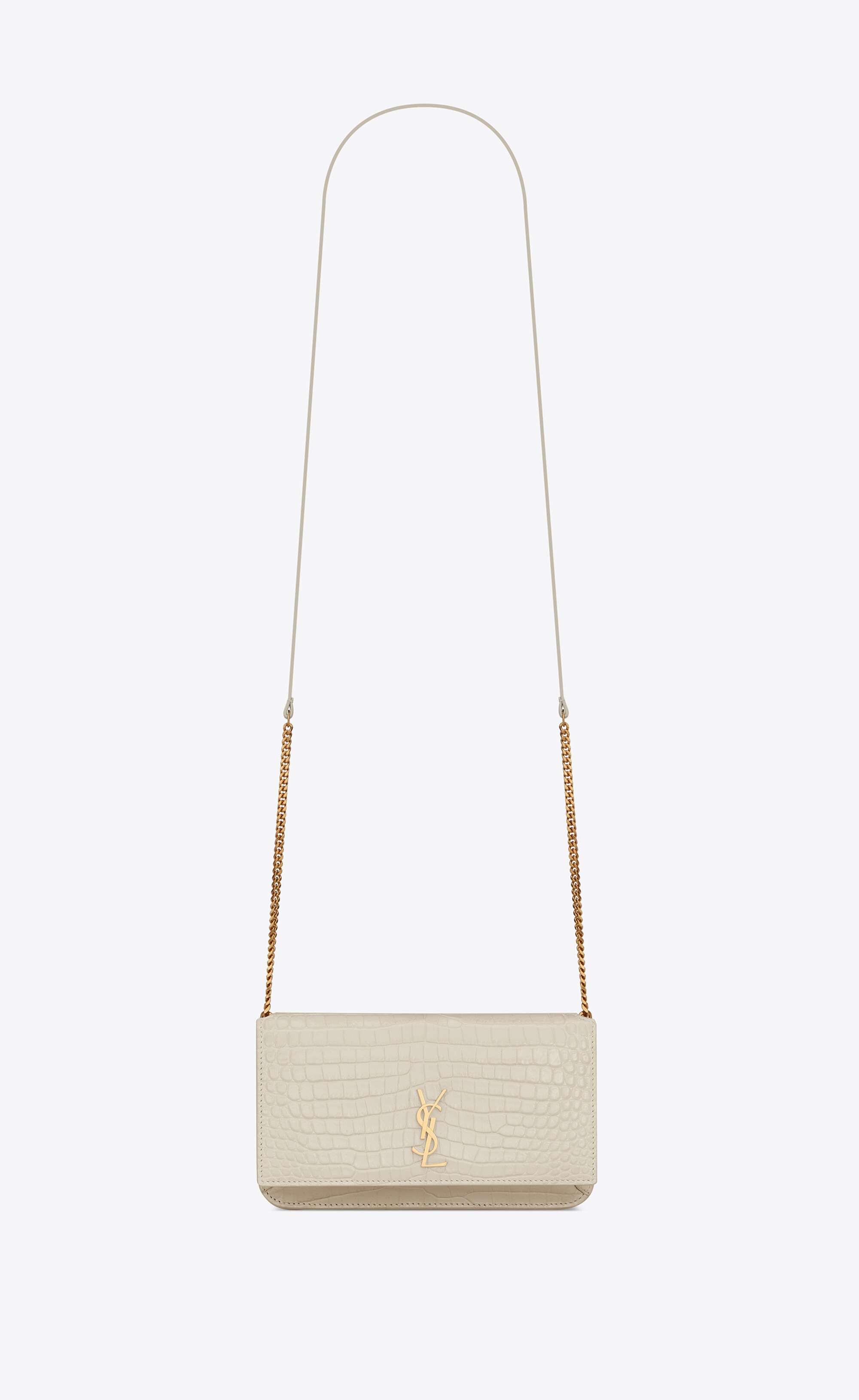 CASSANDRE phone holder with strap in SHINY crocodile-embossed leather, Saint Laurent