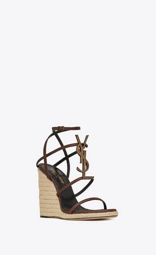 Cassandra Wedge Espadrilles With Gold Logo In Leather Saint Laurent Singapore Ysl Com