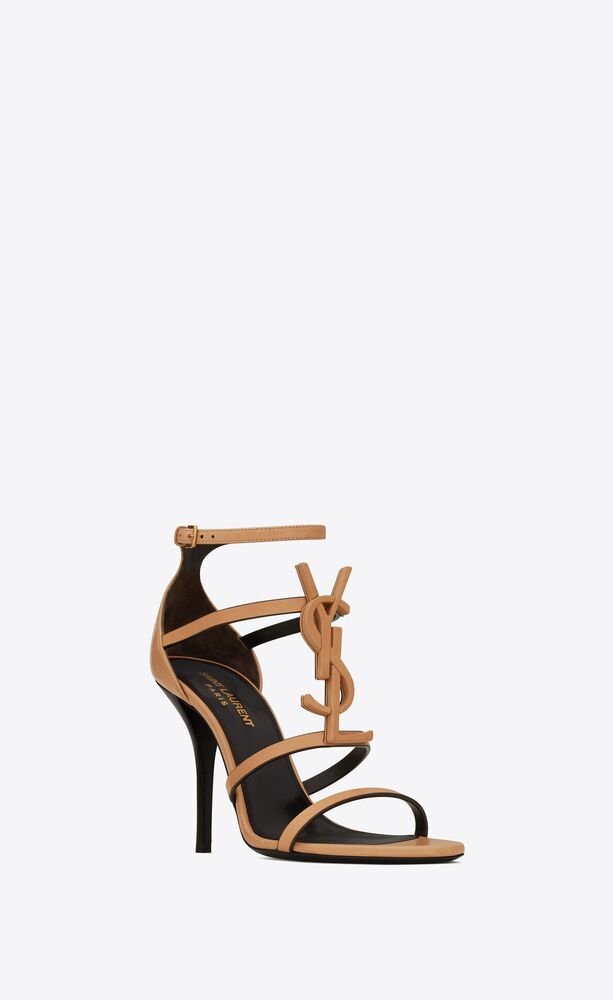 Cassandra sandals in vegetable-tanned leather with brown gold monogram | Saint Laurent | YSL.com