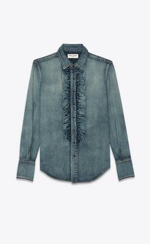 classic shirt with ruffled front in dirty vintage blue denim
