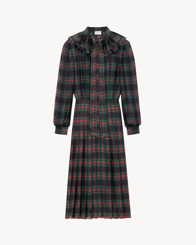pleated dress in tartan silk charmeuse