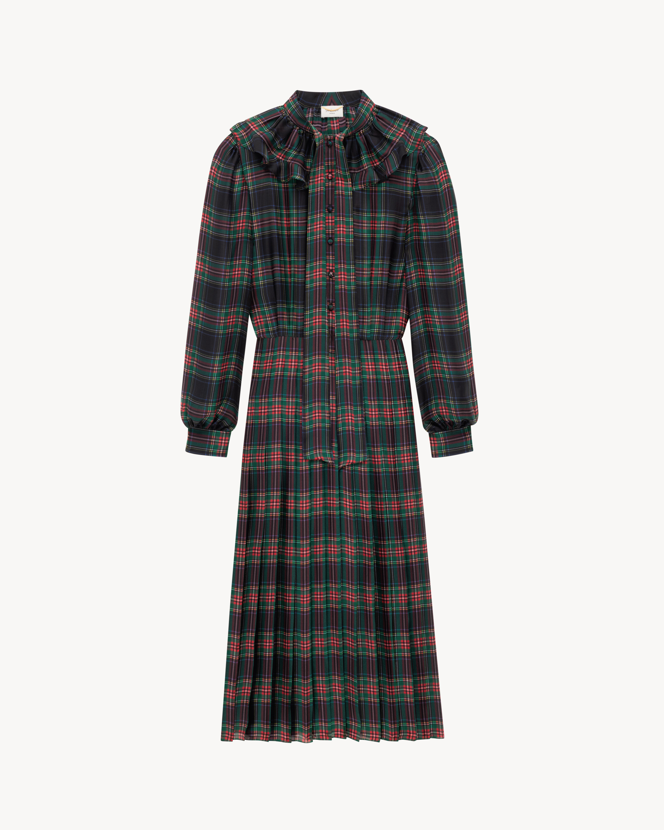 Vestido plisado de charmeuse de seda con motivo tartán