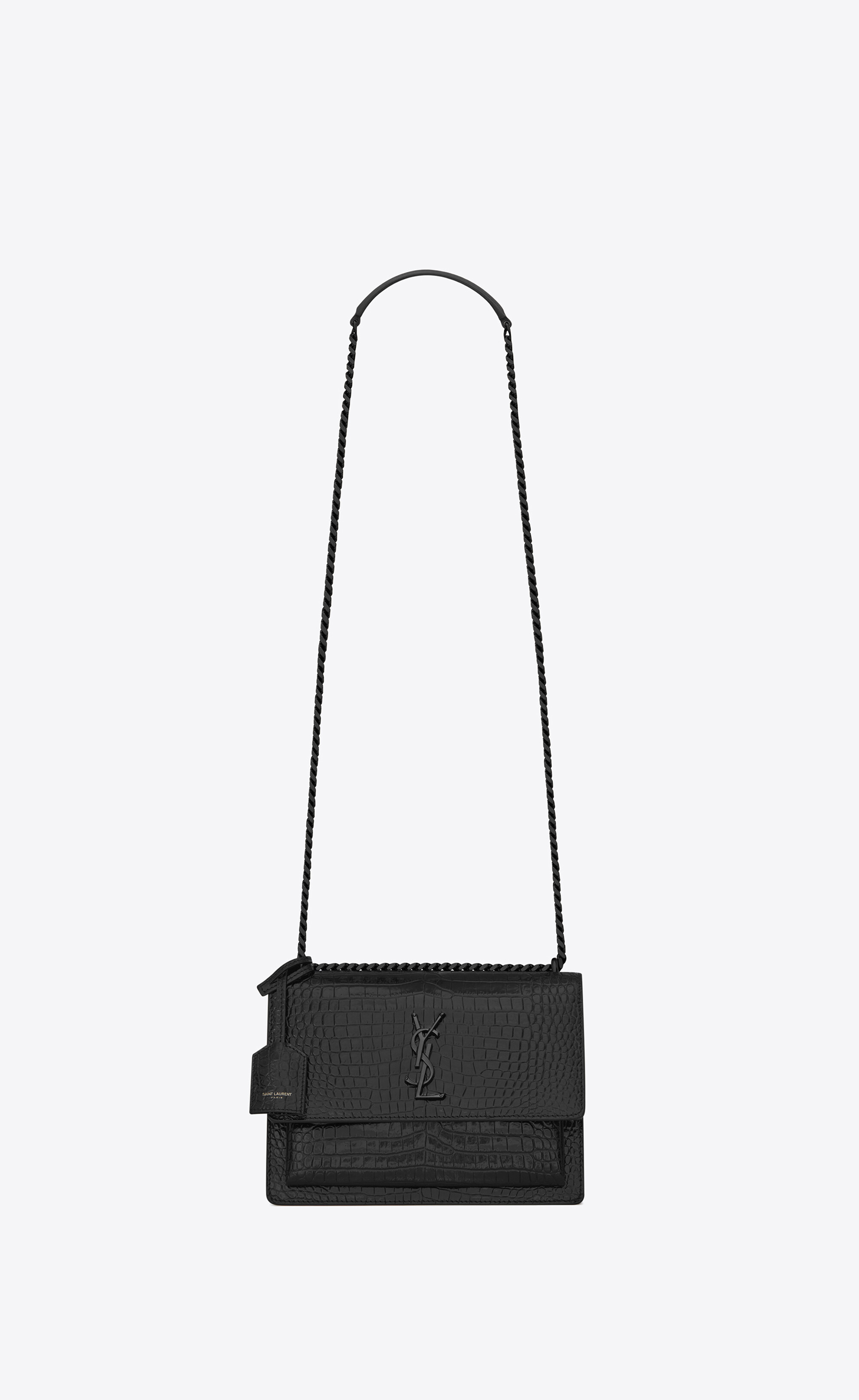 Saint Laurent Sunset Medium Croc-Embossed Crossbody Bag Black