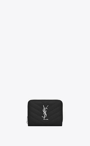 kompaktes saint laurent portemonnaie mit rundumreißverschluss aus schwarzem matelassé-leder mit struktur