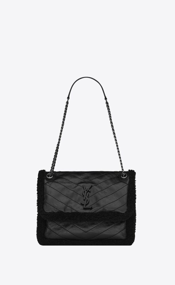 niki medium chain bag in crinkled leather and shearling