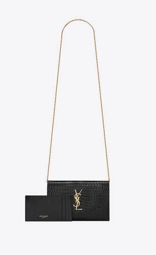 SAINT LAURENT UPTOWN BABY POUCH IN BLK SHINY CROC EMBOSSED LEATHER