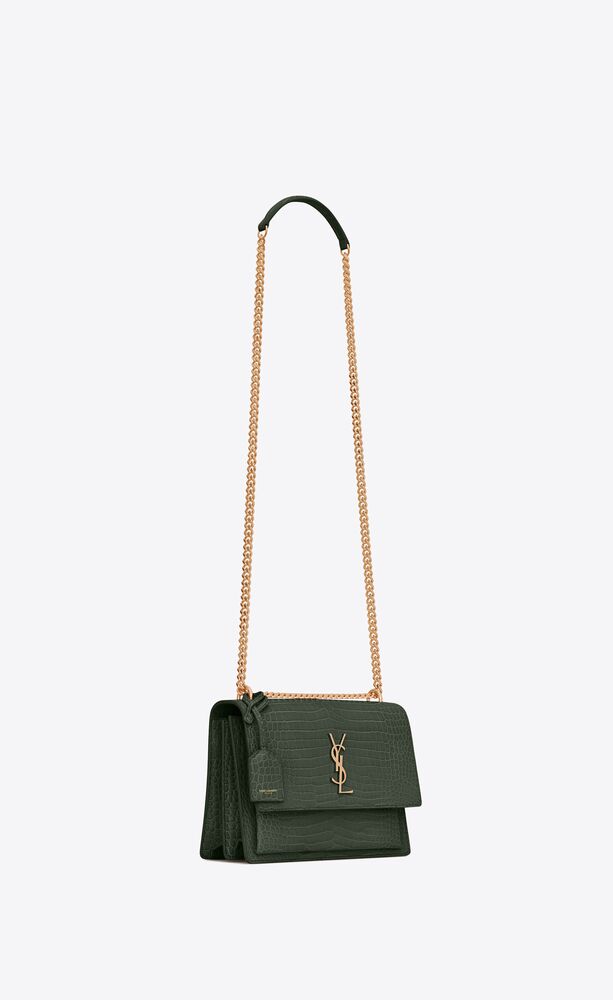 Saint Laurent Green Croc Embossed Leather Sunset Crossbody Bag Yves Saint  Laurent