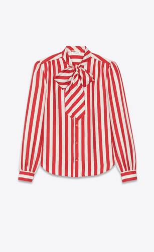 lavallière-neck shirt in striped silk twill