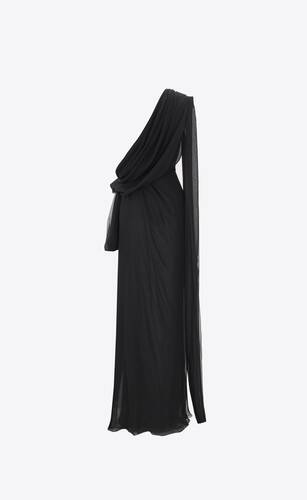 draped one-shoulder gown in silk muslin