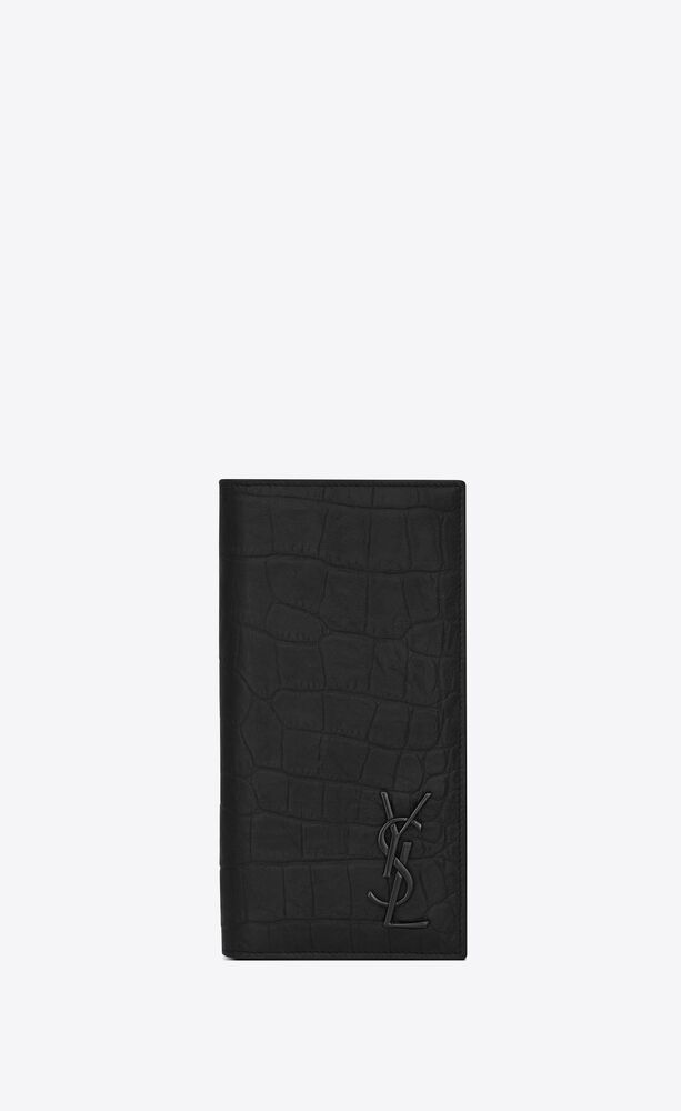 cassandre langes portemonnaie aus schwarzem leder mit krokodillederprägung