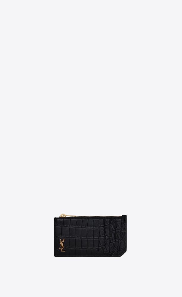 tiny cassandre fragments zip card case in crocodile-embossed matte leather