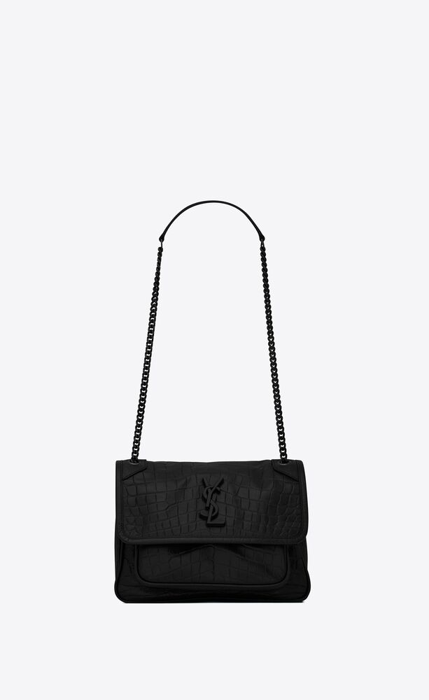 Black Crocodile 'YSL' Embossed Chain Bag